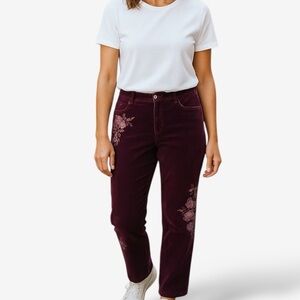 Sundance | Burgundy Boho Velvet Floral Embroidered Straight Leg Pants Size 32/14